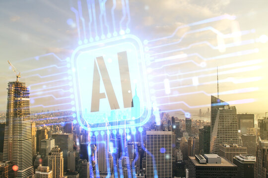 Double exposure of creative artificial Intelligence icon on New York city skyscrapers background. Neural networks and machine learning concept