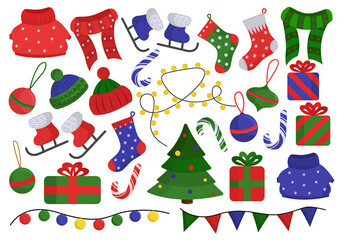  winter new year and Christmas set of Christmas trees, sweaters, knitted hats, scarves, gifts, ice skates, lights isolated on a white background. Christmas flat decor. For stickers, postcards