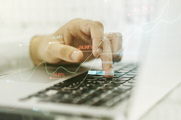 Multi exposure of stats data illustration with hands typing on computer keyboard on background, computing and analytics concept