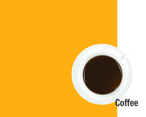 White coffee cup with coffee in the mug placed on a yellow background.