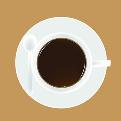 White coffee cup with coffee in the mug placed on abrown background.