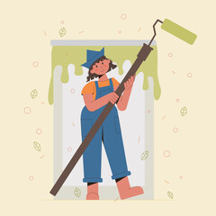 Vector illustration of a young smiling woman with a large paint roller in her hands, on the background of a large can of paint. Concept of repair work, manual laborers. Can be used for books, web