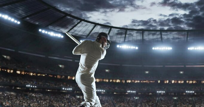 Cricket player in action on a professional stadium. The stadium is made in 3D with animated crowd.