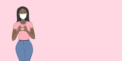 VALENTINE'S DAY poster with copy space. African woman in face mask with heart shaped hands. Vector illustration.