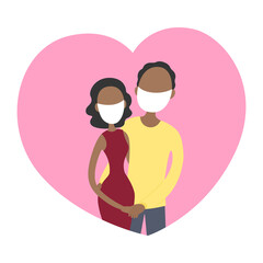 Boyfriend and girlfriend in face masks. Valentine card 2021. Vector illustration.