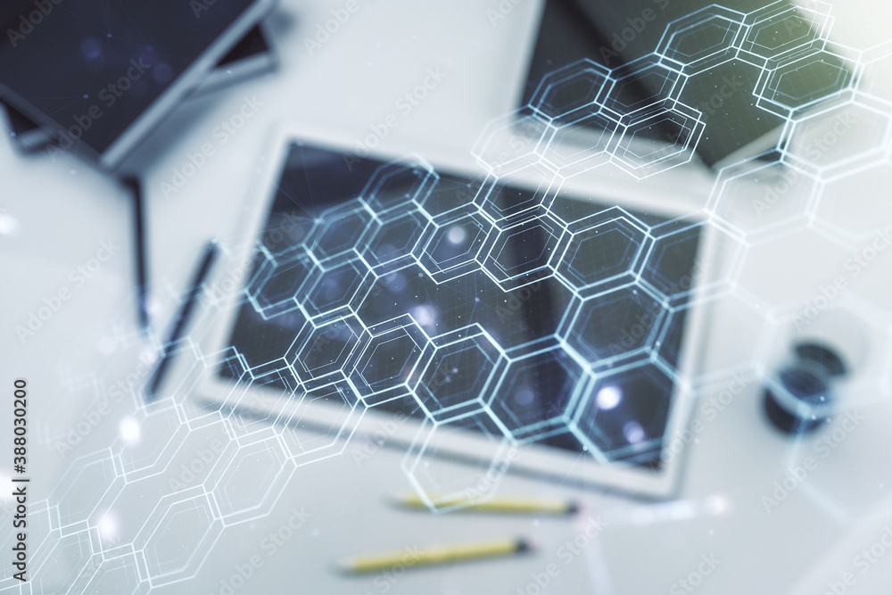 Poster creative abstract technology sketch with hexagon grid and modern digital tablet on background, futur