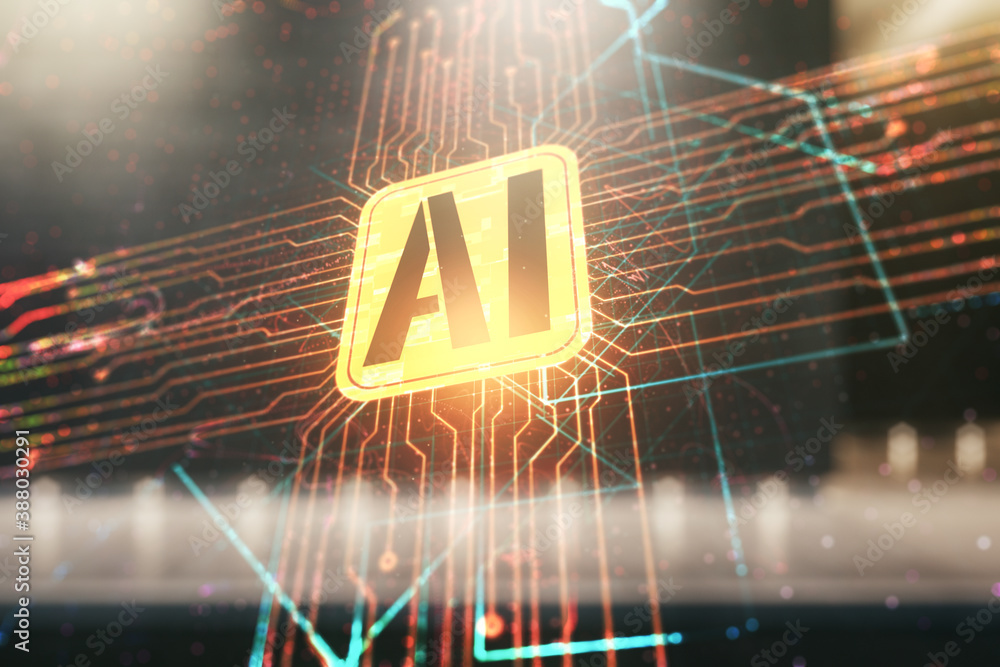 Aufkleber double exposure of creative artificial intelligence icon on modern business center exterior backgrou