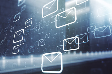 Abstract virtual postal envelopes illustration on blurry modern office building background. Email and communications concept. Multiexposure