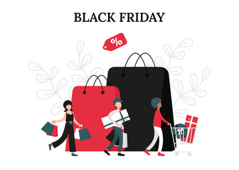 Black friday sale concept, happy group of people with shopping cart and bags. Flat vector cartoon modern illustration for banner, poster, template, layout.
