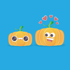vector funny cartoon pumpkin character isolated on blue background. funky smiling cute autumn vegetable character. Halloween cartoon smiling pumpkin