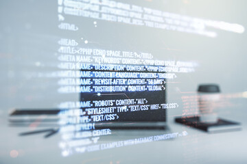 Abstract creative coding concept on modern laptop background. Multiexposure