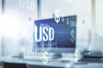 Double exposure of creative EURO USD symbols hologram on laptop background. Banking and investing concept