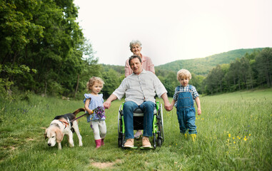 Small children with senior grandparents and dog on a walk on meadow in nature.