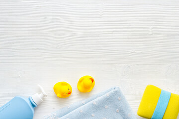Daily newborn care products for skin and bathing. Overhead view