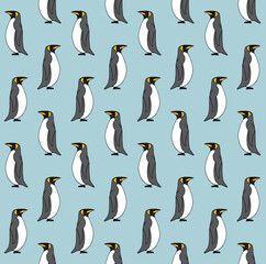 Vector seamless pattern of colored hand drawn doodle sketch penguin isolated on blue background