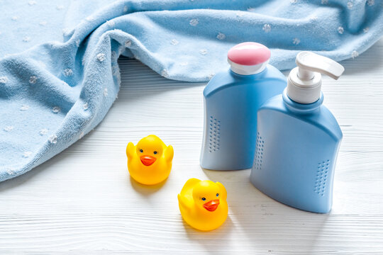 Set Of Baby Hygiene And Bath Items With Shampoo Bottle And Soap