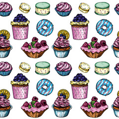 Seamless pattern, raster illustration. Print with drawings of coffee, cupcakes, muffins, pastries, doughnuts, cookies, macaroons.