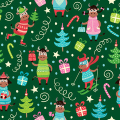 Cute Bull seamless pattern. Symbol of the year 2021. Funny Christmas background.