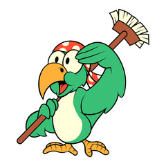 Funny Little Parrot Cartoon Characters wearing Bandana and carrying deck brush tools get ready to clean with salute hand gesture, best for sticker, decoration, or t-shirt design with Pirate themes