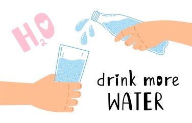 Fototapeta na wymiar Drink water poster. Hands with bottle and glass, doodle healthy clean drink vector illustration