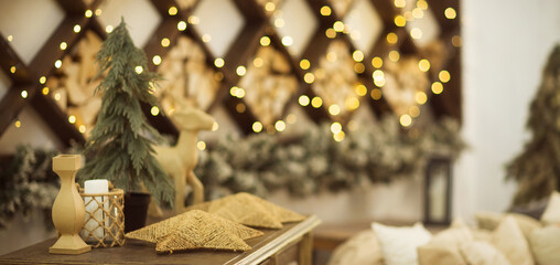 interior inside a country house for Christmas. new year's background. home decor. long banner.