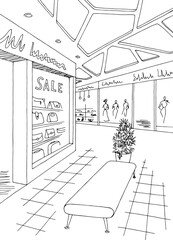 Shopping mall graphic black white interior sketch vertical illustration vector