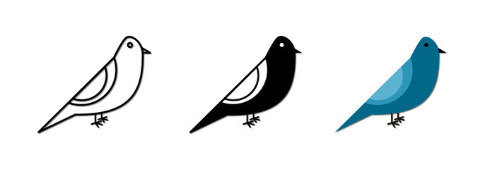 Vector icon of a bird with 3 kinds of design, outline, black and colored