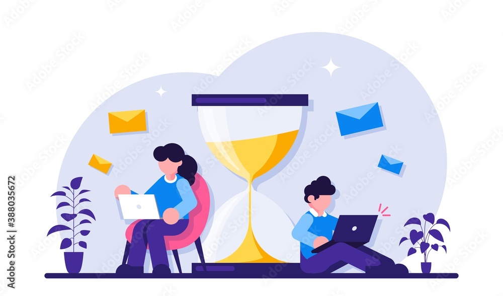 Poster man working with laptop cartoon character. freelancer using computer. businesspeople following time 
