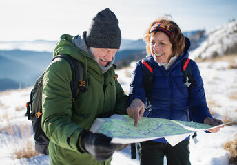 Senior couple hikers using map in snow-covered winter nature. - obrazy, fototapety, plakaty
