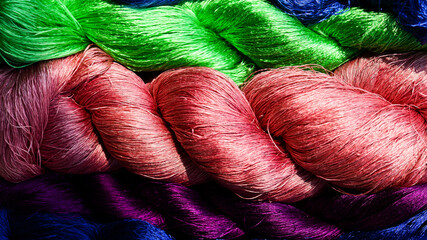 silkworm cocoons by handmade for made a silk thread and silk fabric.