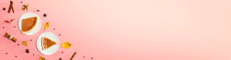 Autumn theme with pumpkin pies - overhead view