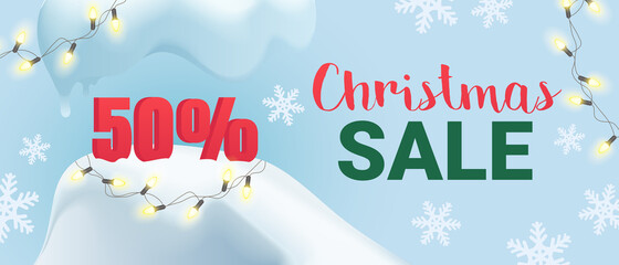 Christmas sale promo banner vector illustration with house under winter snow, snowman and snowflakes in festive hanging ball for Christmas tree, gold garland glow and stickers with discount offers