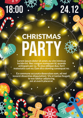 Christmas party flyer poster vector illustration. Invitation holiday card for Xmas celebration with decoration gifts, golden light bulbs, Christmas tree. Invite to celebrate Merry Christmas background