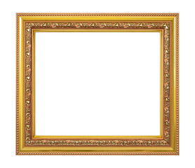 Gold wooden picture frame vintage style and luxury Isolated on white background, Empty oak wood picture frame for decor interior, Concept image muck up,Design wall retro style with blank ornate photo.