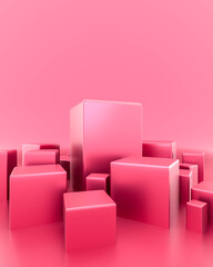 Abstract minimal empty podium on pink color background with box stand concept product shelf standing 3D rendering.