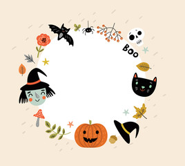 Funny background for Halloween with a witch and a cat