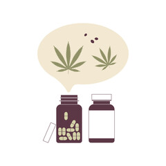 Vector flat illustration of cannabis (hemp) supplement. Bottles, capsules, leaves and seeds. Naturopathy and natural health products.