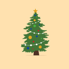 Decorated Christmas tree with star, decoration christmas balls and garland lights. Happy New Year. Vector illustration. Flat style