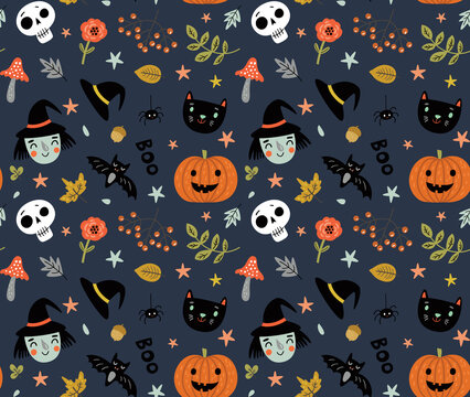 Funny pattern for Halloween with a witch and a cat