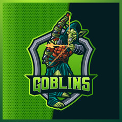 Archer Goblins esport and sport mascot logo design with modern illustration concept style for team, badge, emblem and patch. Gaming Logo Template on Isolated Background. Vector illustration