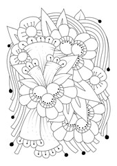 Coloring page for children and adults. Vector illustration with abstract flowers. Black-white background for coloring, printing on fabric or paper.