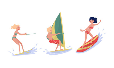 People Characters Windsurfing and Water Skiing Vector Illustration Set