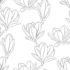 Seamless pattern Magnolia flowers black and white colors graphics vector illustration