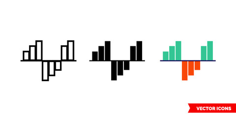 Colorful bar graph icon of 3 types color, black and white, outline. Isolated vector sign symbol.