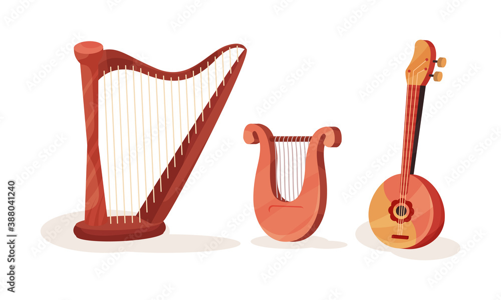 Poster musical instruments with domra and harp vector set