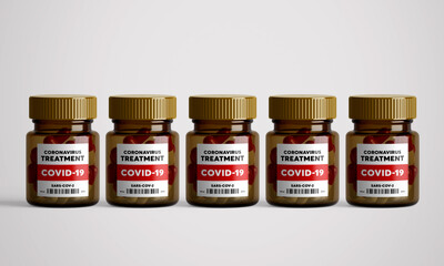 Bottle with CORONAVIRUS COVID-19 treatment pills