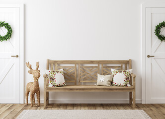 Scandinavian farmhouse hallway interior with Christmas decoration, wall mockup, 3d render