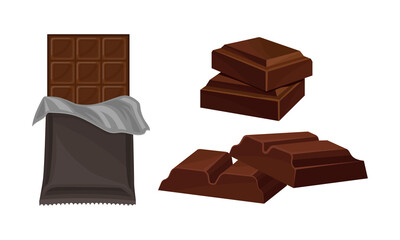 Parts of Chocolate Bar or Candy Bar as Confection of Rectangular Form with Nuts Vector Set