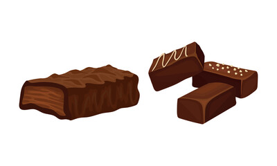 Parts of Chocolate Bar or Candy Bar as Confection of Rectangular Form with Nuts Vector Set