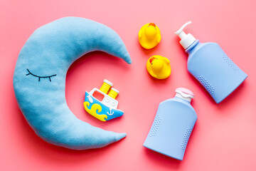 Flat lay of baby care products for bathroom. Top view